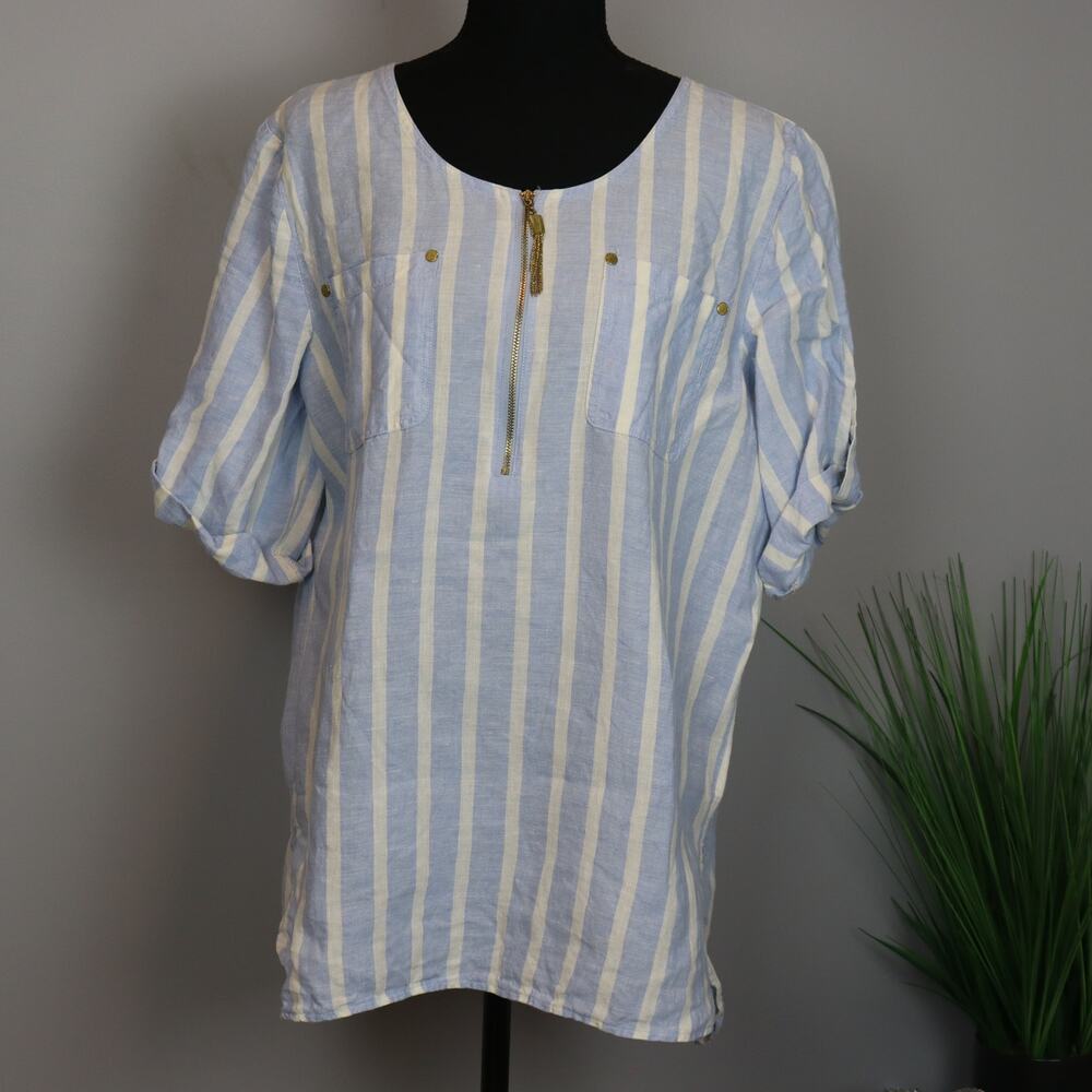 Ellen Tracy Linen Stripe Top with Zip Neck & Pockets –‎ Size L